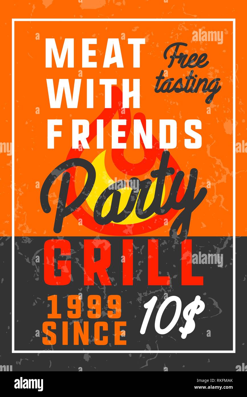 Color vintage grill party banner. Vintage grill restaurant emblems, logo, stickers and design elements. Stock Vector