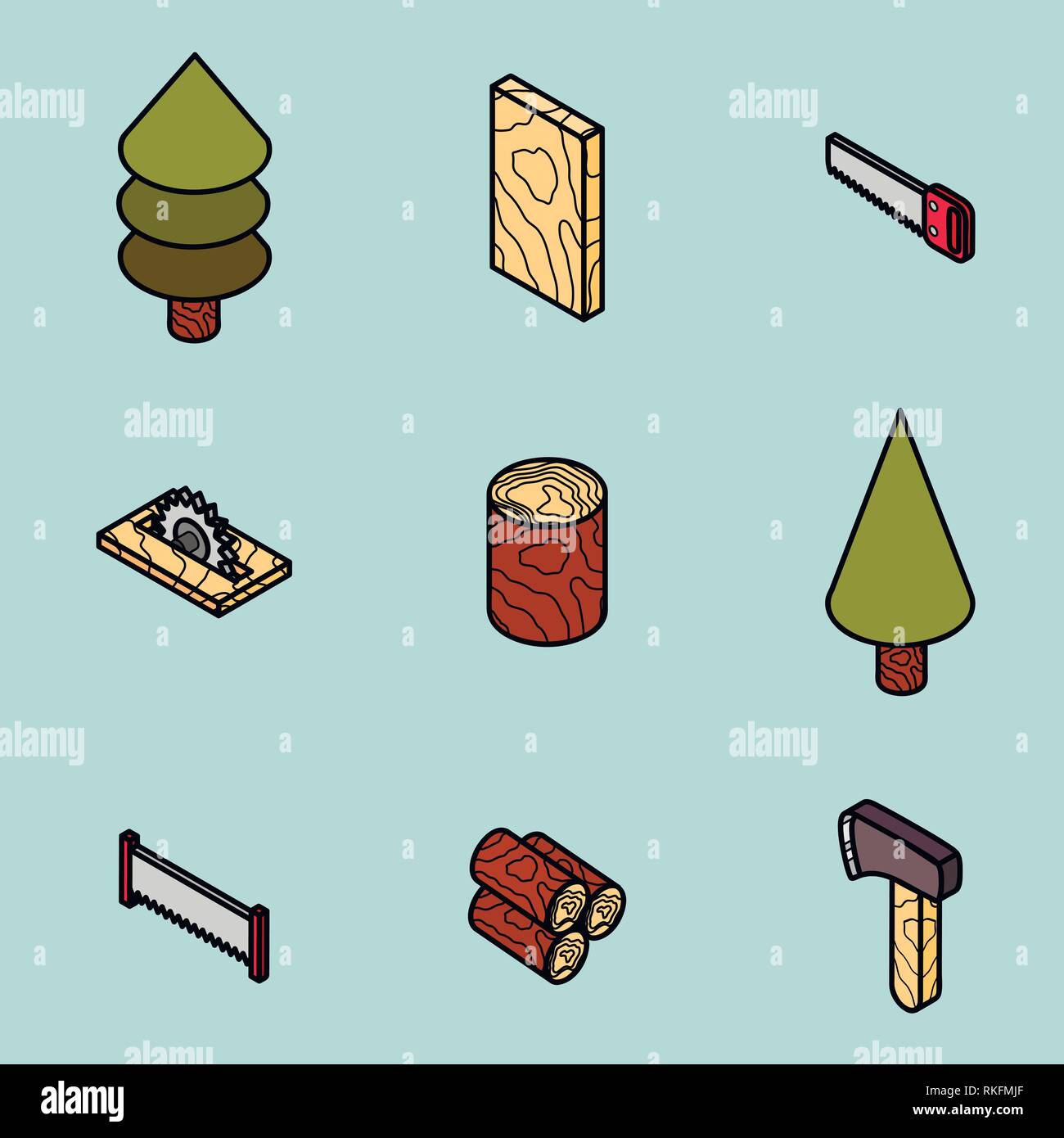 lumberjack flat outline isometric set. Vector illustration, EPS 10 Stock Vector
