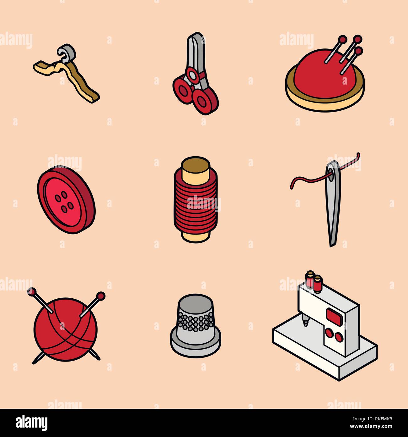 Sewing flat outline isometric icons. Vector illustration, EPS 10 Stock Vector