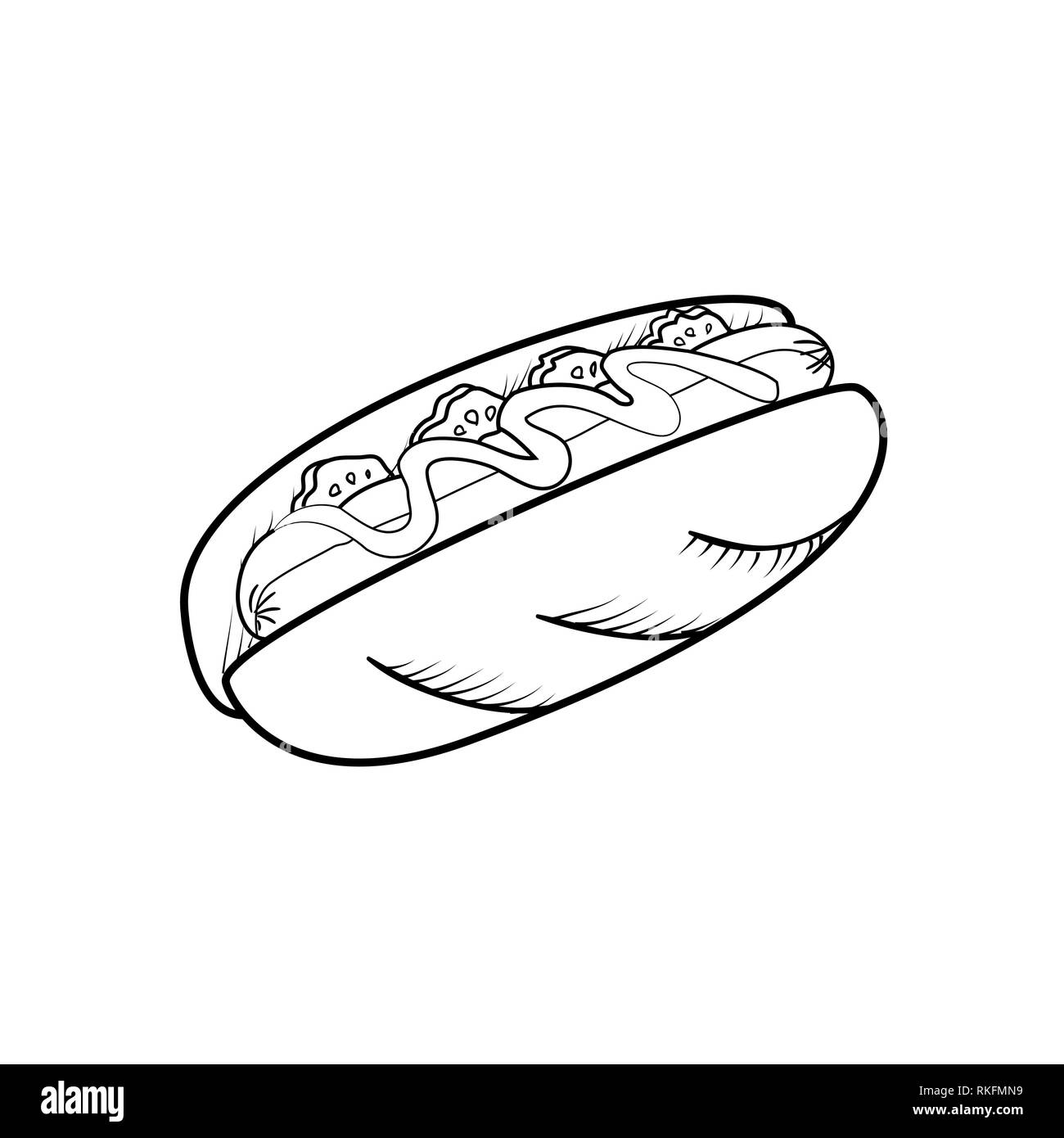 Hot dog hand drawn illustration. Fast food design elements, sketch of hotdog with sauce Stock Vector