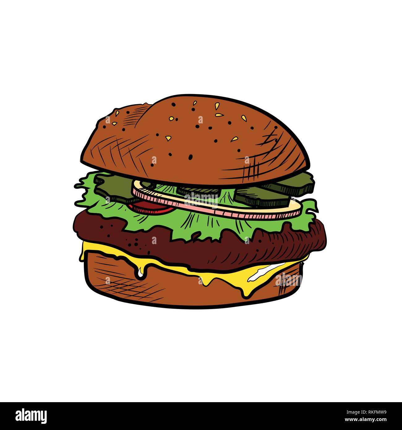Hand drawn illustration of Color Sketch cheeseburger. Vector