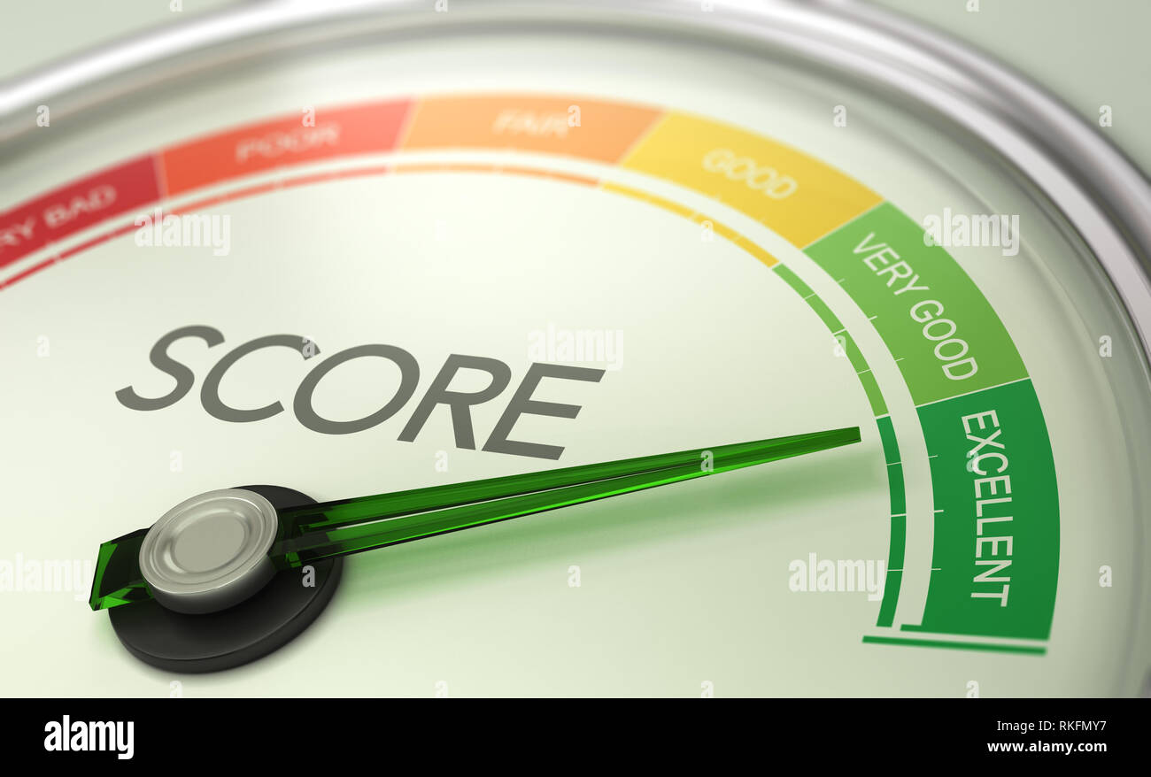 3D illustration of a conceptual gauge with needle pointing to excellent. Business credit score concept. Stock Photo