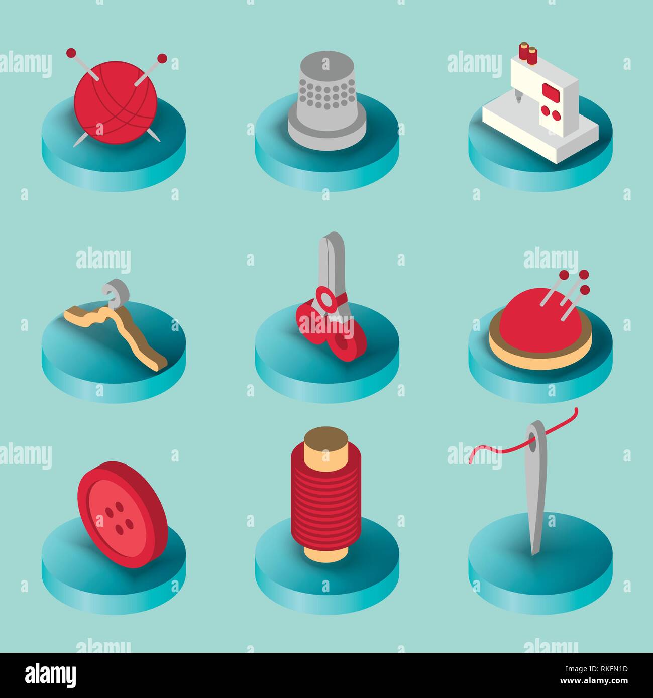 Sewing flat isometric icons. Hand drawn supplies, tools, design elements Stock Vector