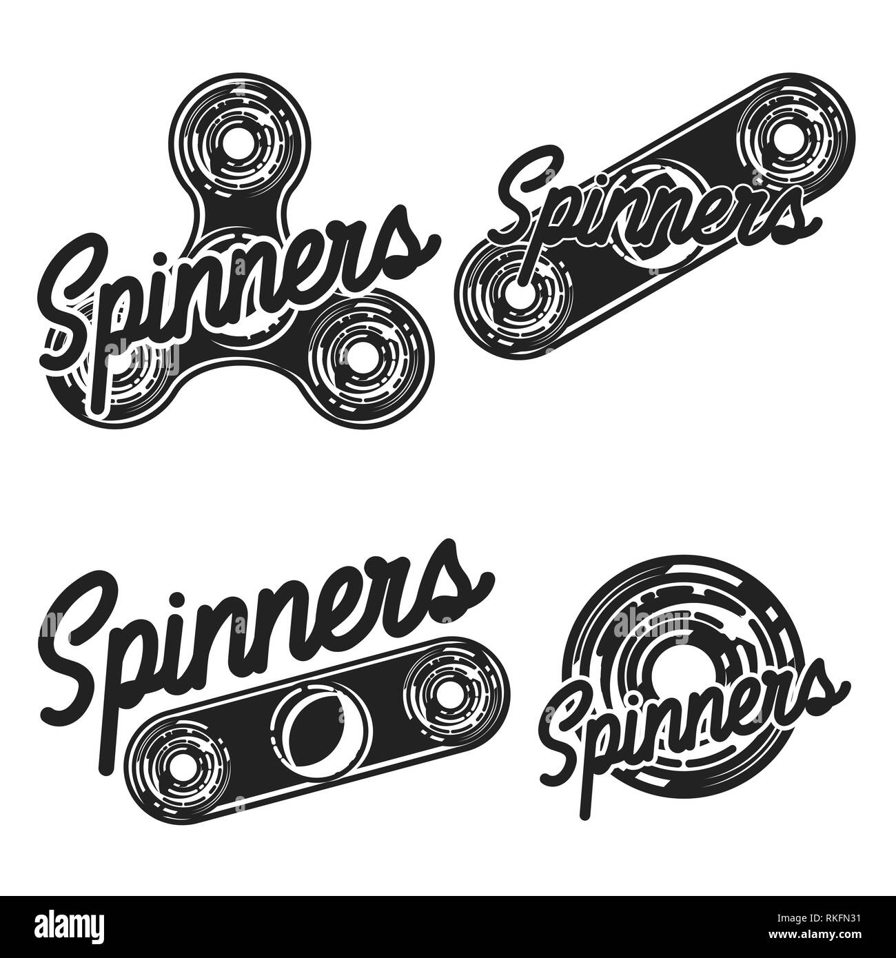 Set of vintage fidget spinners logos, emblems, badges and motivational posters. Monochrome Graphic Art. Vector Illustration. Stock Vector