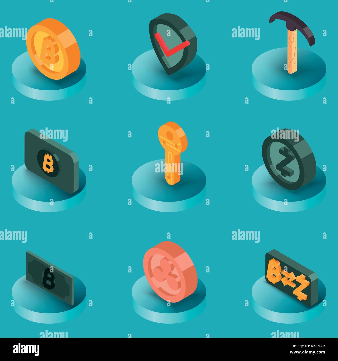 Blockchain flat isometric icons. Cryptocurrency theme. Vector illustration EPS 10 Stock Vector