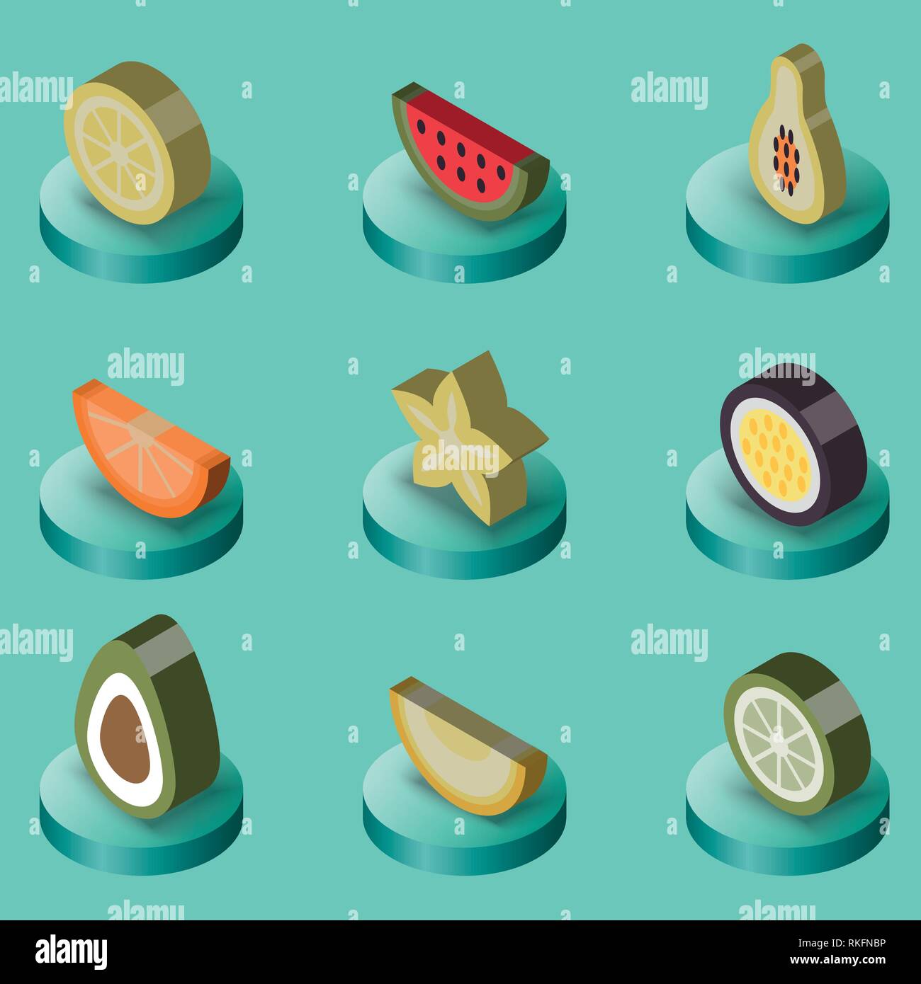 Fruit flat isometric set. Vector illustration, EPS 10 Stock Vector