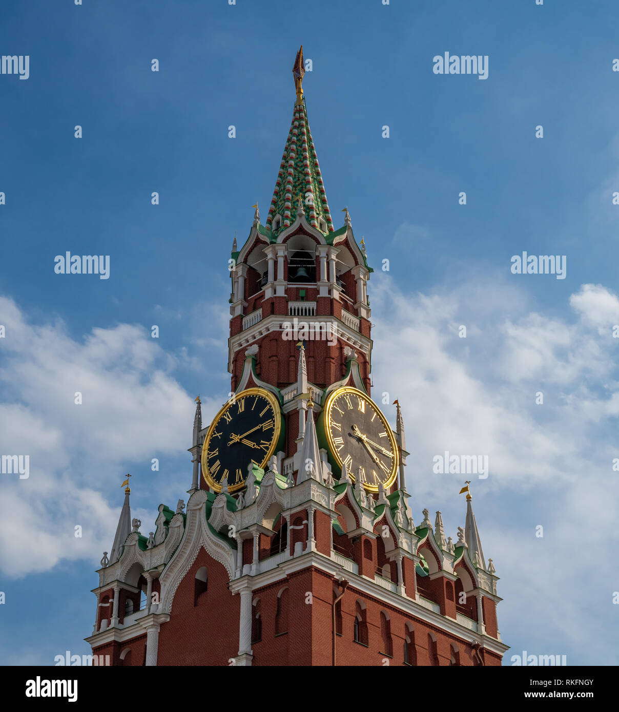 Spasskaya Tower of Moscow Kremlin against sky, Russia Stock Photo