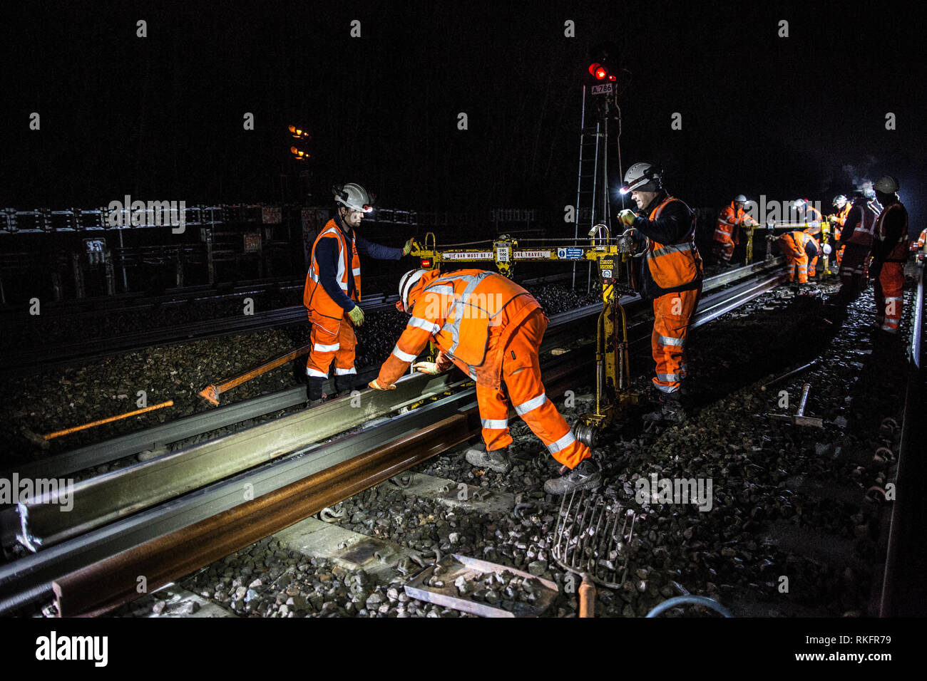 Track renewal engineers working during the night to replace sections of