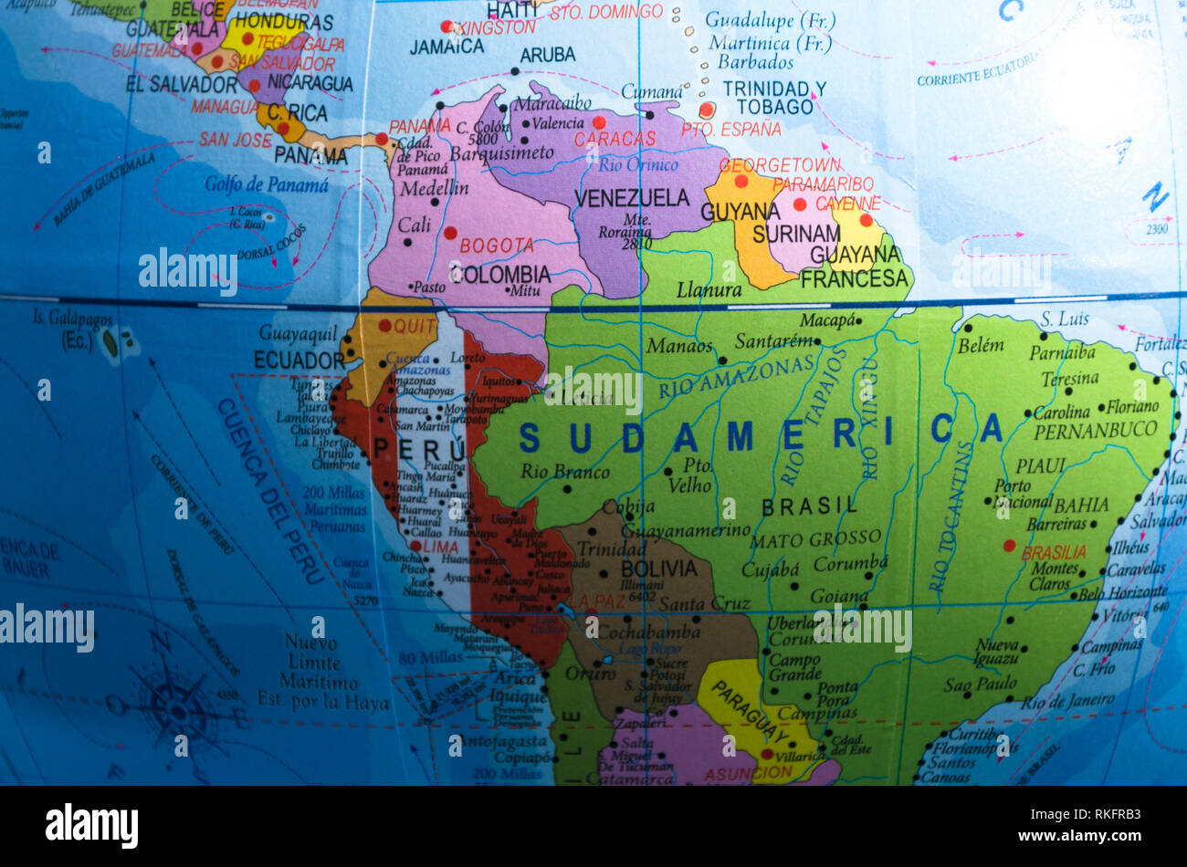 Map view of South America in a geographical globe - vignette . Stock Photo