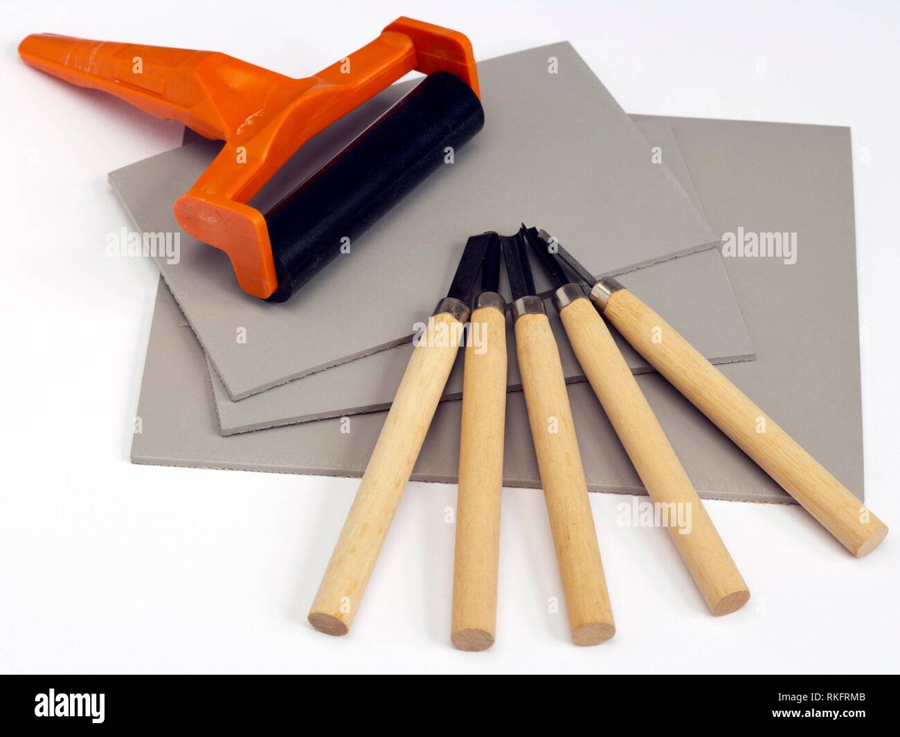 Llinocut craft tools and materials tools on white Stock Photo Alamy