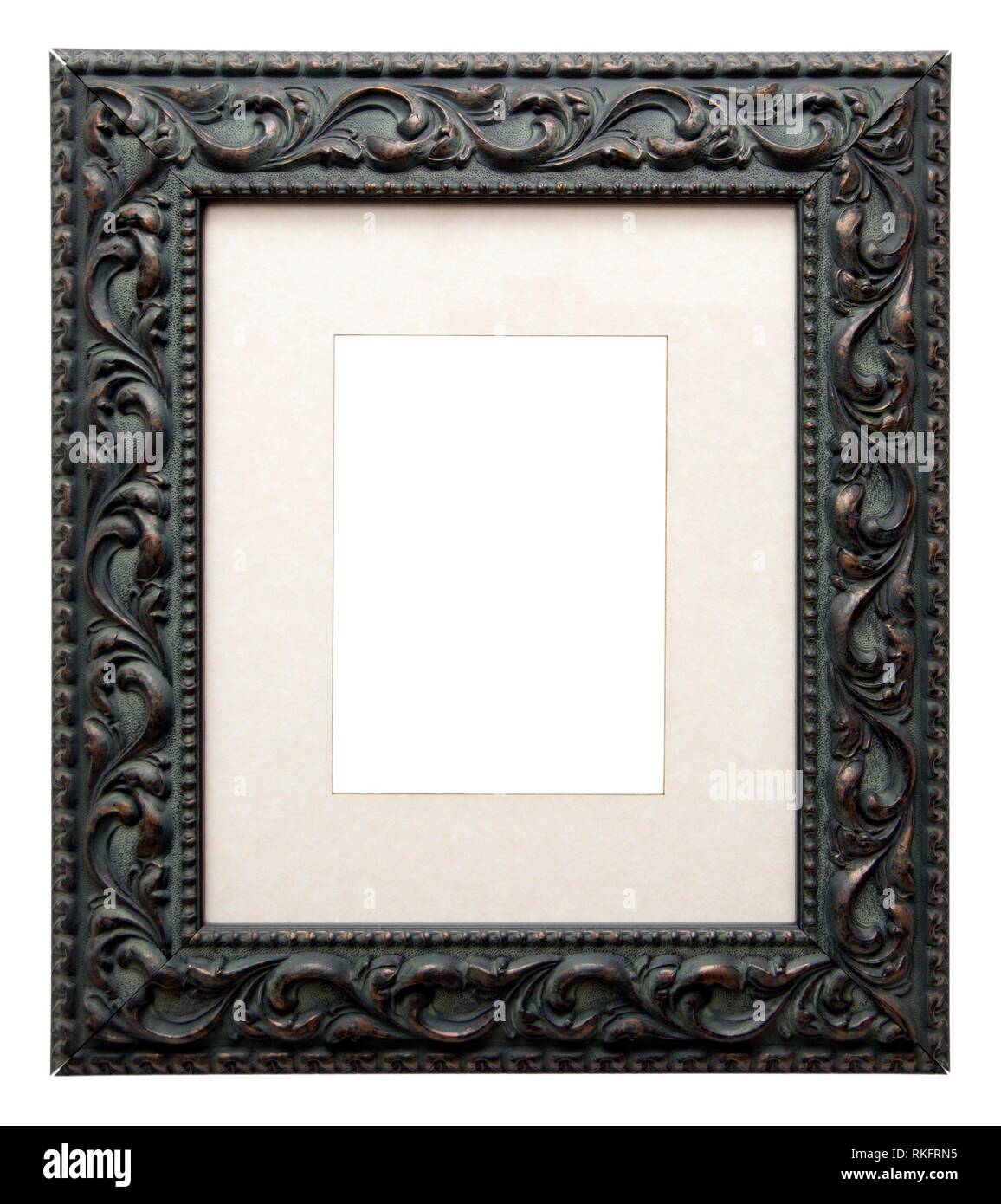 Empty picture frame isolated on white, portrait format, in a dark