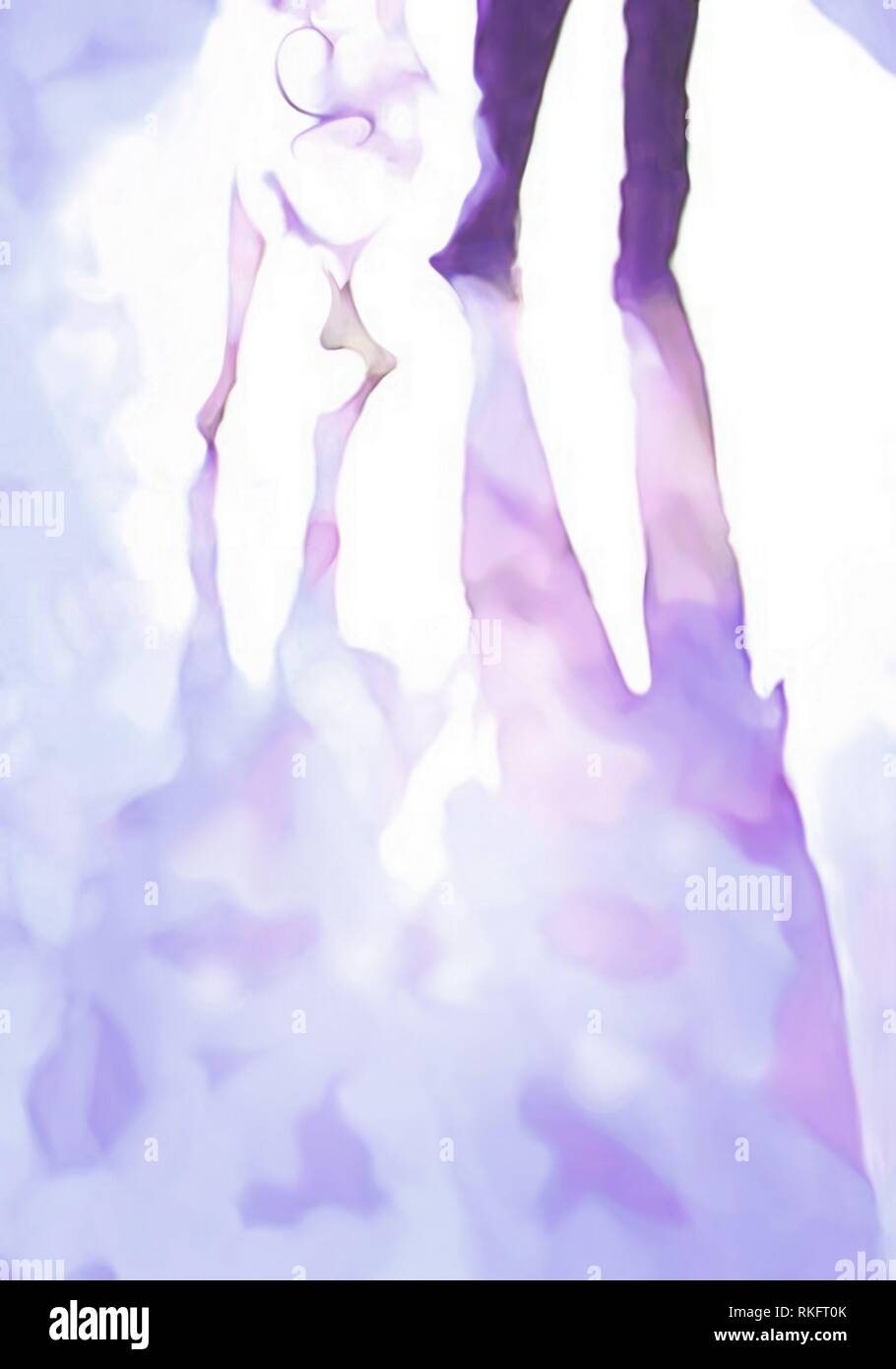 Ballroom dance floor abstract 7, digital painting in pastel purple and blue, male and female legs cast shadows in spotlight. Stock Photo