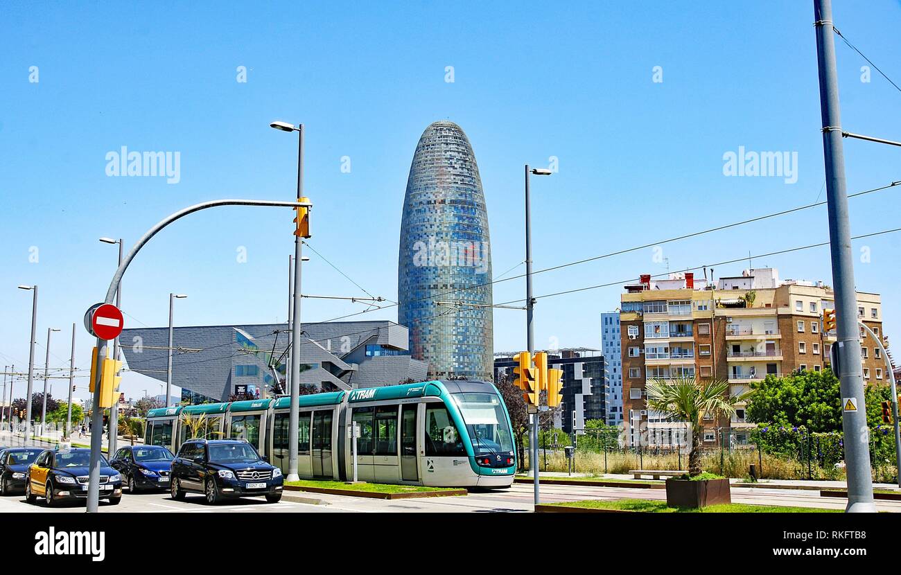 Meridiana Avenue with Agbar Building and Museum of Design in Barcelona, Catalunya, Spain. Stock Photo