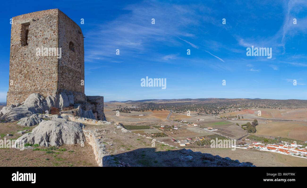 Panoramic from Castle of Belmez, Cordoba, Spain. Situated on the high rocky hill overlooking town of Belmez. Stock Photo