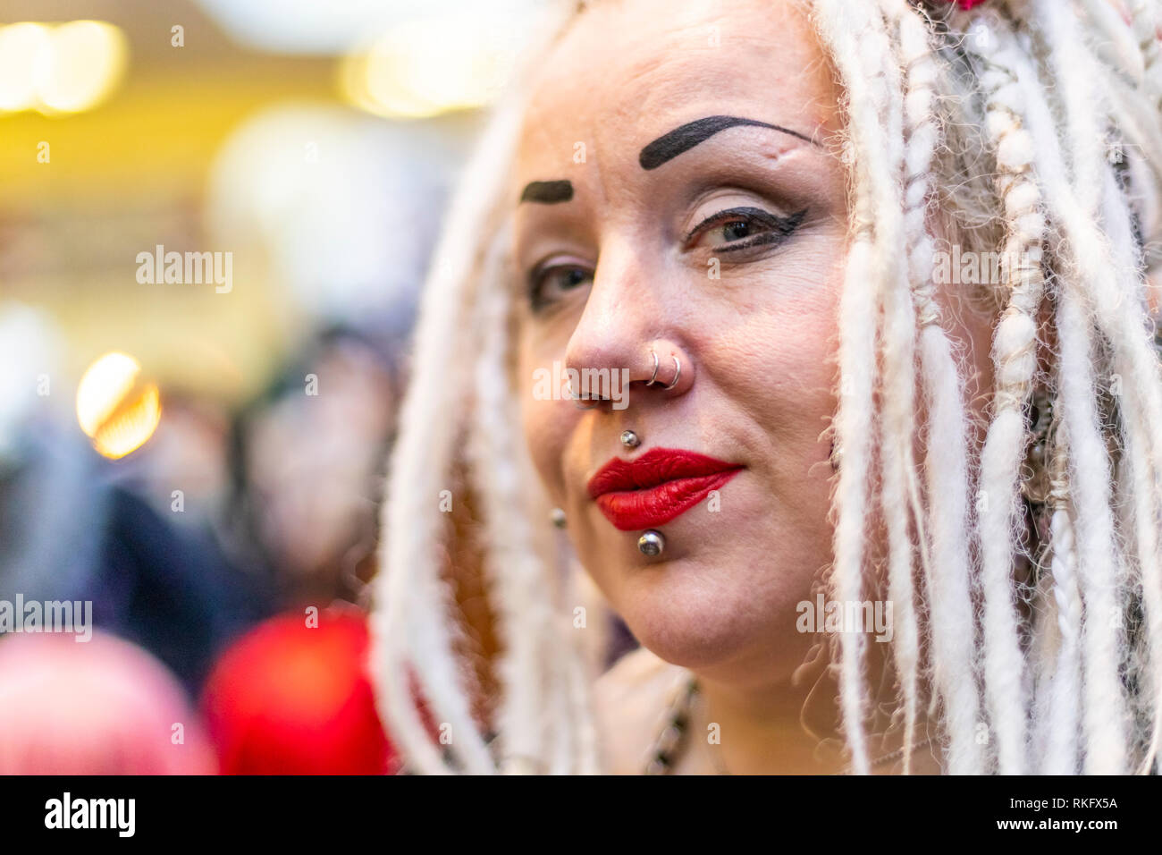 Miss Needles aka Tara creator of fantastic craft hair pieces. Steampunk Weekend Feb 2019: Whitby, North Yorkshire. UK Stock Photo