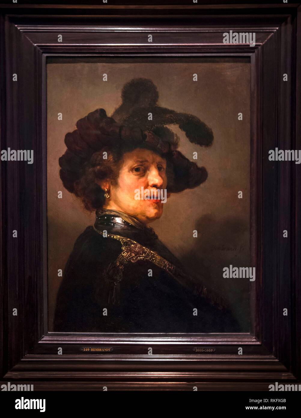 Nedherlands, Den Haag- Mauritshuis Museum: ''Troute'' of a man with a Feathered Beret,(ca.1635-1640) by Rembrandt. Stock Photo