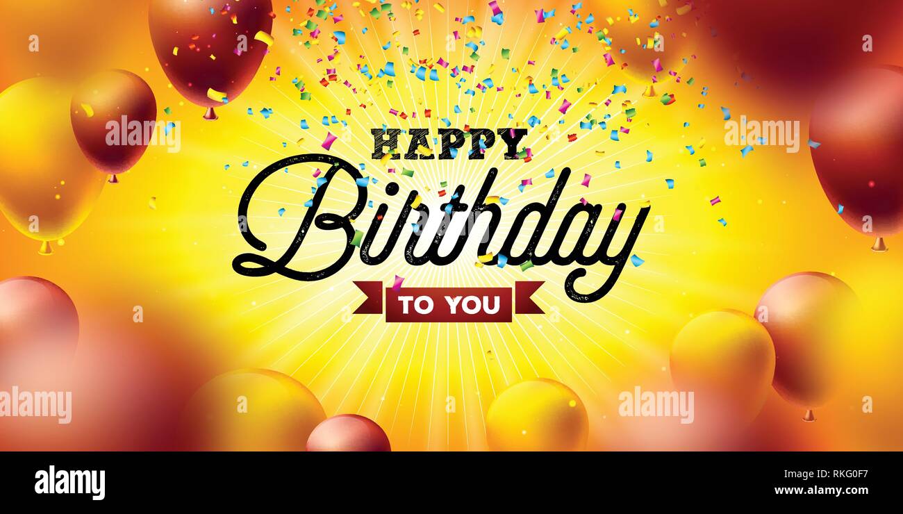 Happy Birthday Vector Design with Balloon, Typography and Falling