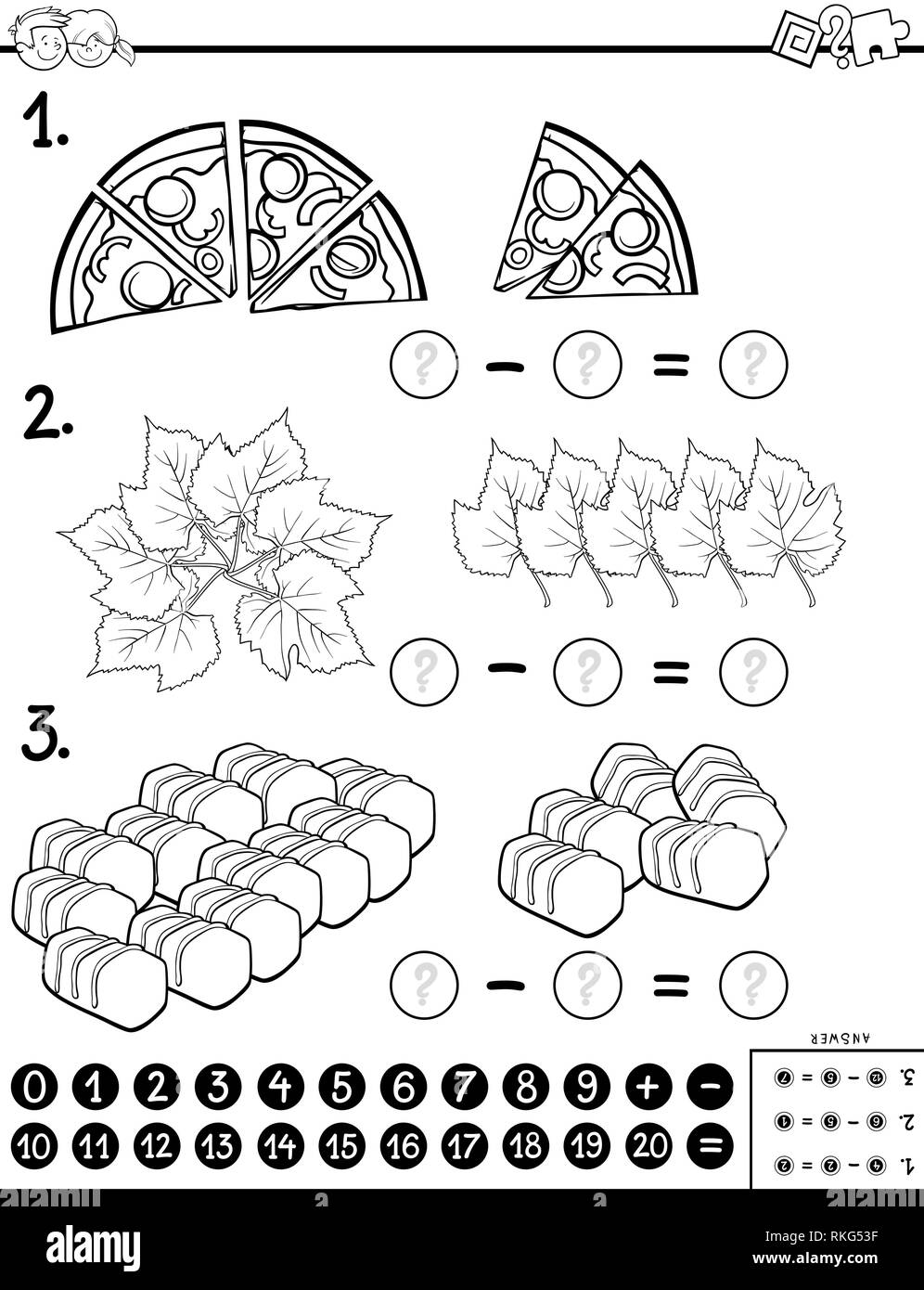 Black and White Cartoon Illustration of Educational Mathematical  Subtraction Puzzle Task for Children with Objects Coloring Book Stock  Vector Image & Art - Alamy