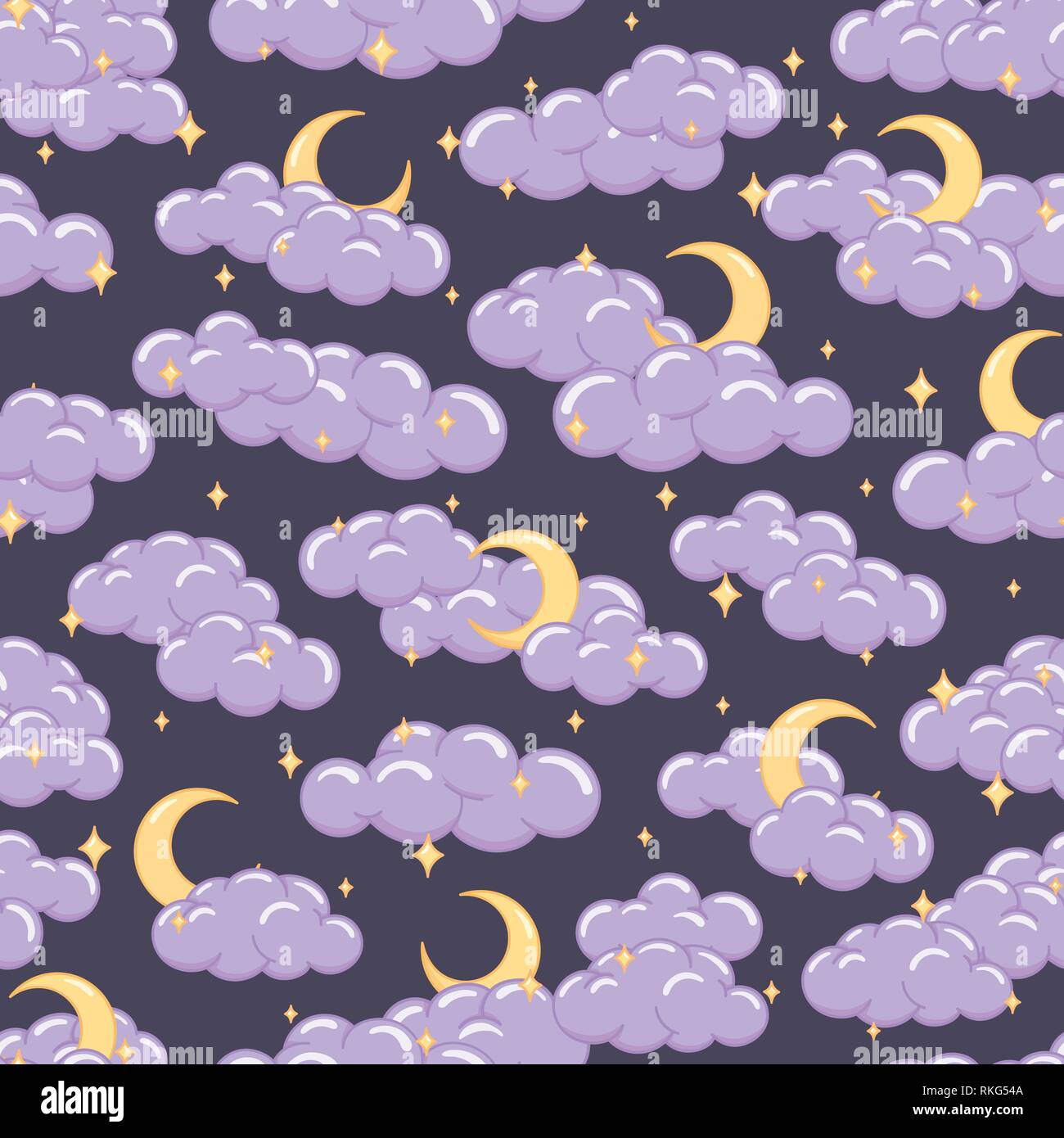 Night sky seamless pattern with clouds stars and moons. Cute children ...
