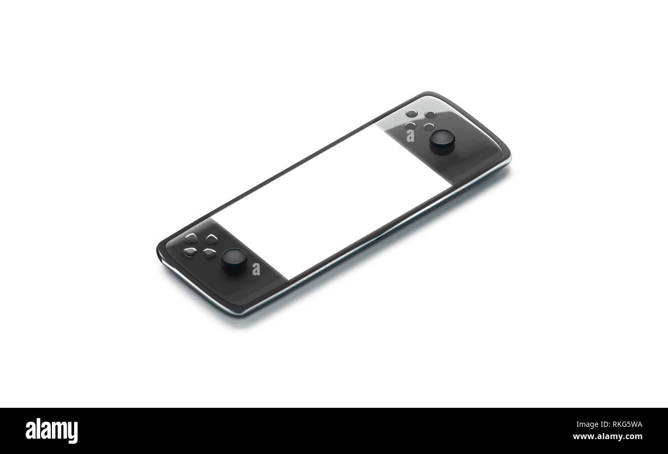 Blank gaming console with white screen and black buttons mockup, 3d rendering. Empty teenager device mock up, isolated. Clear old school pocket comput Stock Photo