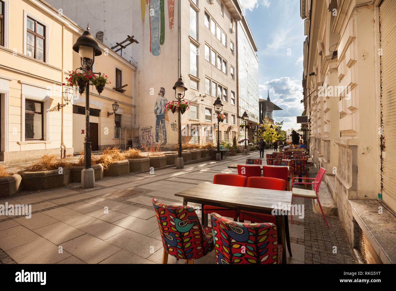 Cafe tables in the Kneza Mihailova (Mihaila) walking street, Belgrade, Serbia. Stock Photo