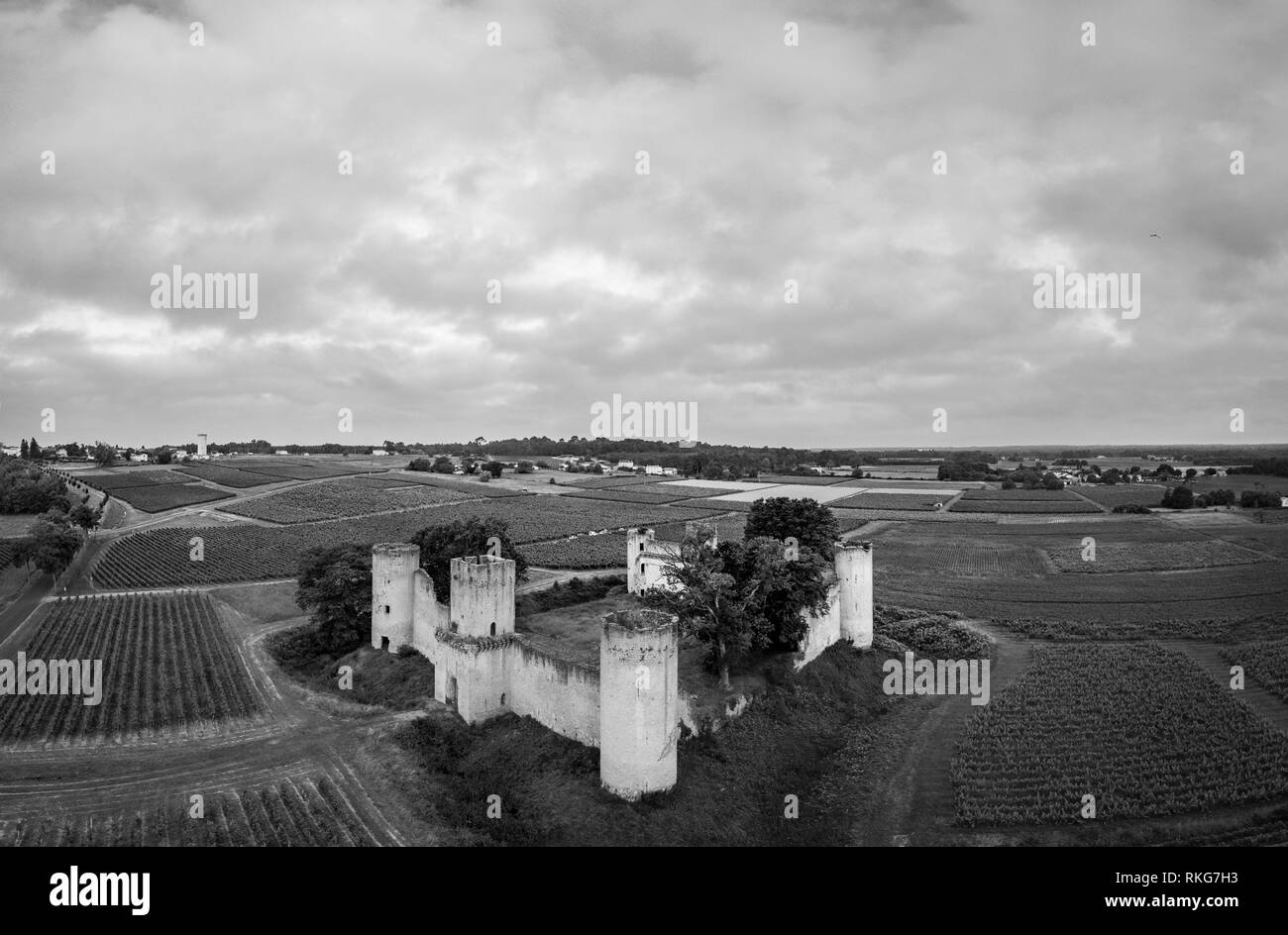 Aerial view Chateau de Budos and wheat field in summer , Bordeaux, Gironde, Aquitaine, France Stock Photo