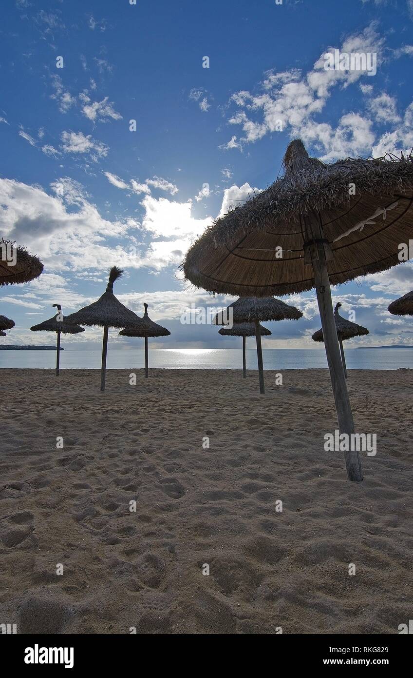 Empty beach with parasols in Palma de Mallorca on a sunny day in ...
