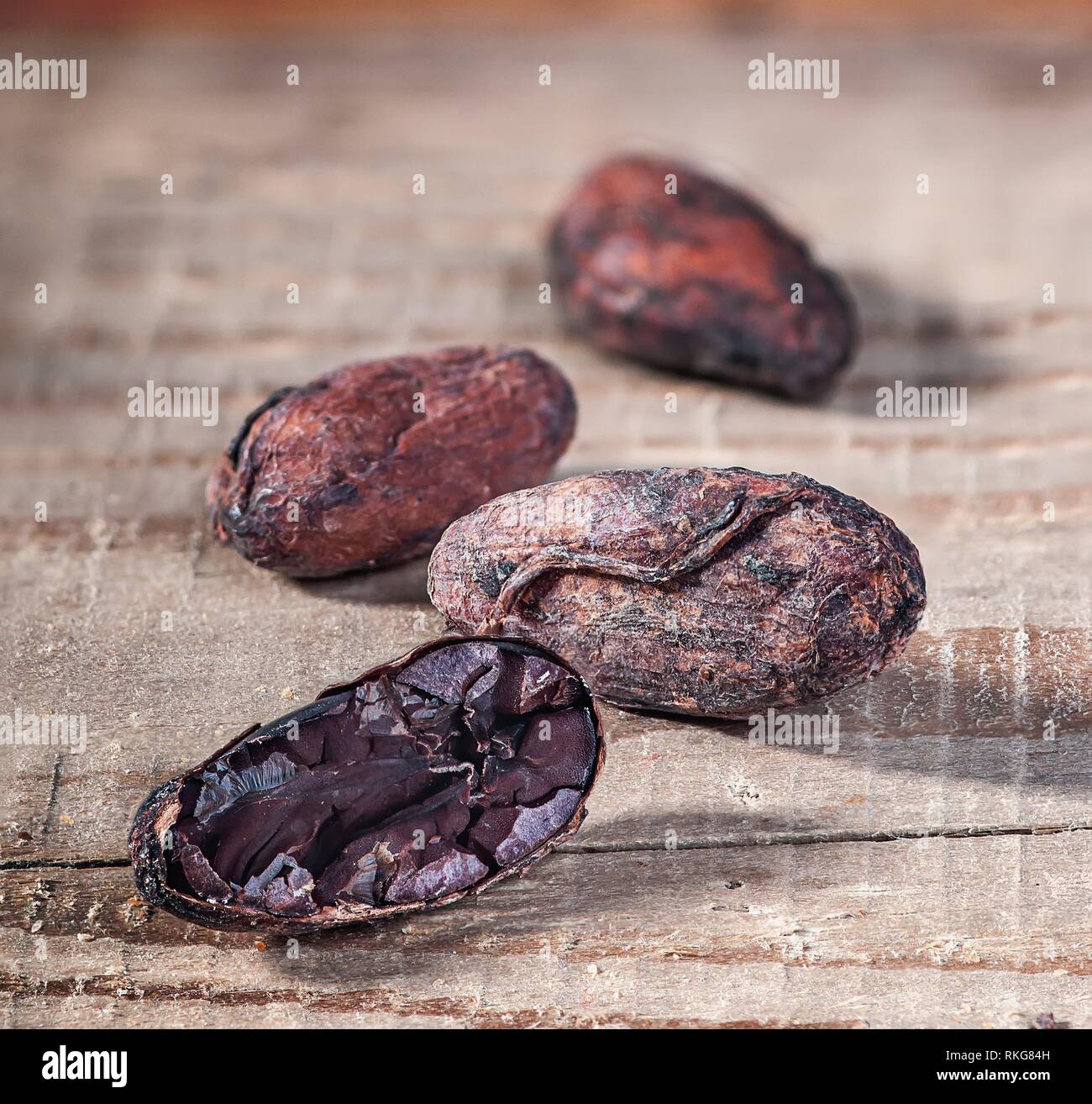 Cocoa beans in a row with a blurry background. Cocoa beans on a rustic wooden table. Chopped cacao bean. Stock Photo