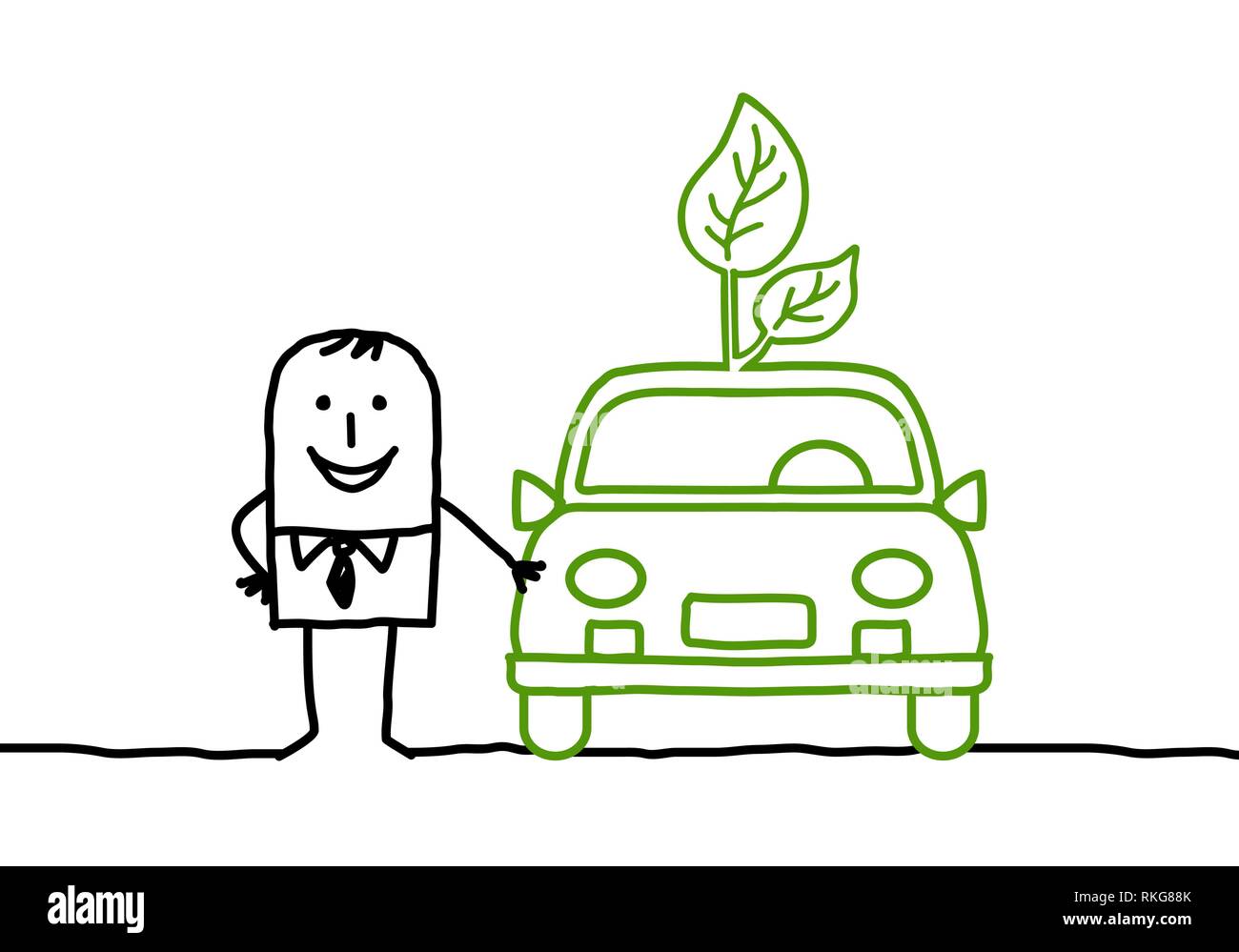 Cartoon man standing by a green car Stock Vector