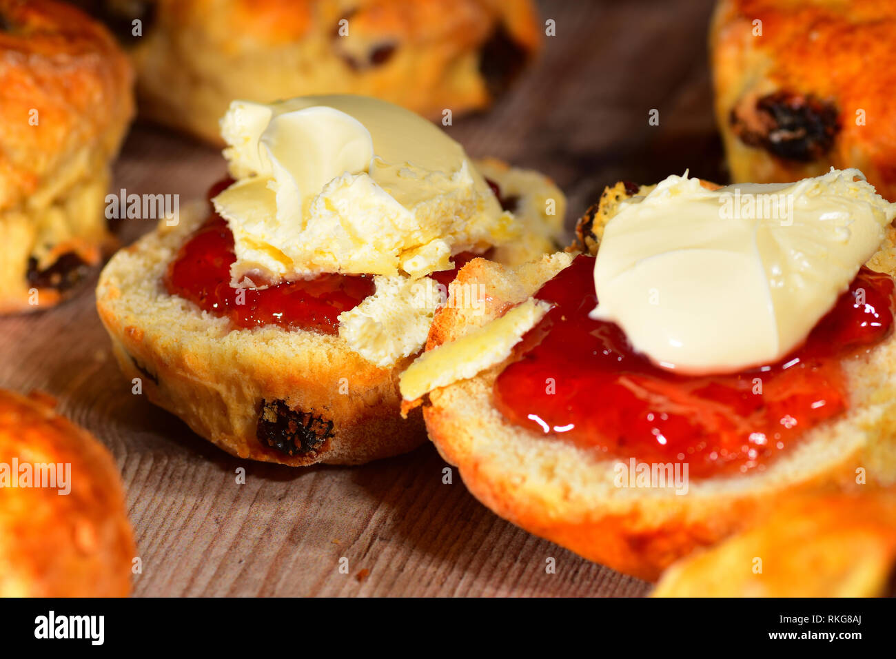 Scones with Strawberry Jam & clotted cream - Cream Teas Stock Photo