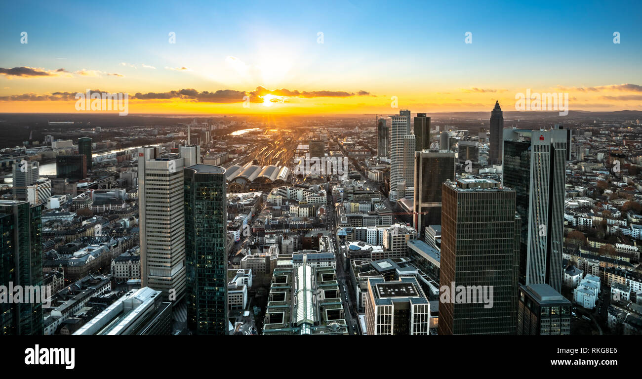 Frankfurt Am Main, Germany: sunset in Frankfurt from the top of a skyscraper in the financial district. Neuestadt with modern building. Stock Photo