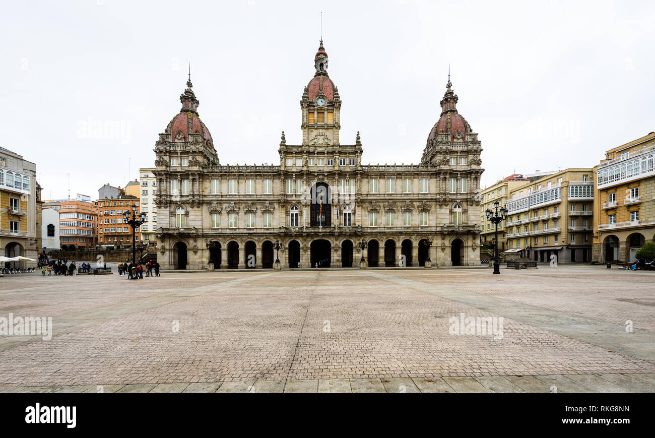 Maria Pita Square with town hall in Coruna Galicia. Impresive central town square with paved floor and historical buildings. Coruna, Galicia, Spain. Stock Photo