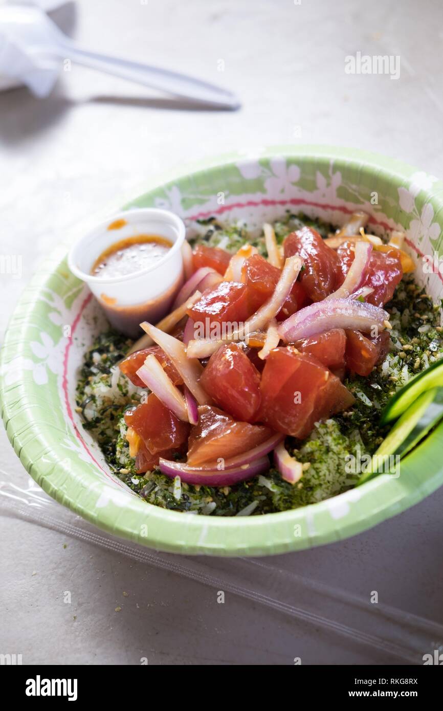 Raw fish poke bowl from a food truck in tropical Oahu Hawaii featuring