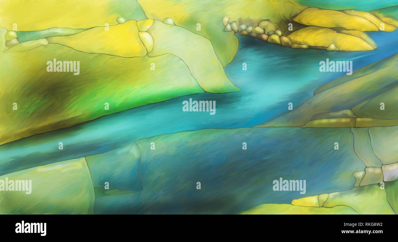 Abstract digital painted fantasy landscape or background texture with lines and fields in blue and yellow. Stock Photo