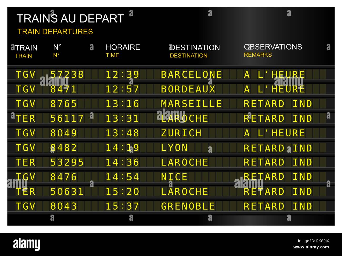 train station departure board delay. France, French Paris, gare de lyon Stock Photo