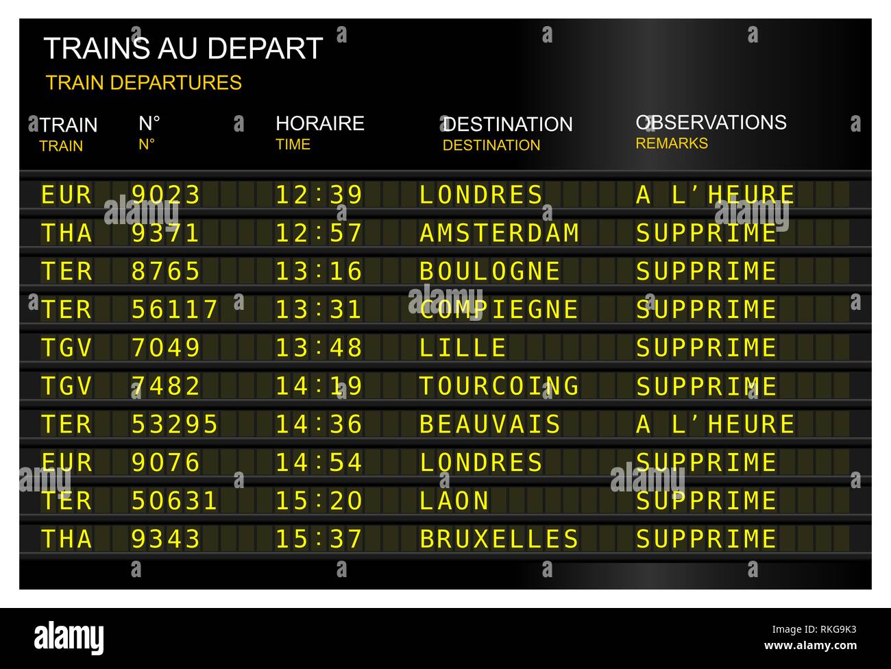 train station departure board. strike, cancel train. France, French Paris, gare du nord Stock Photo