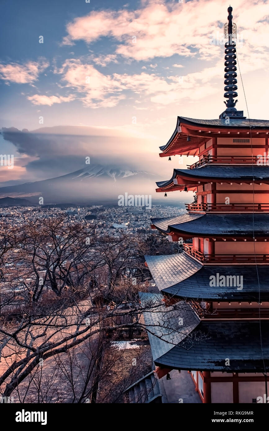 Famous Place of Japan with Chureito pagoda and Mount Fuji at sunset Stock Photo