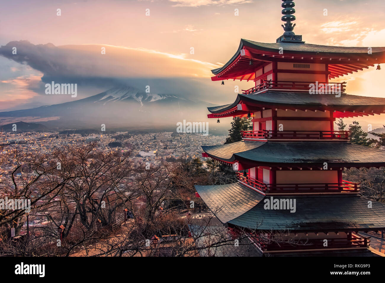 Famous Place of Japan with Chureito pagoda and Mount Fuji at sunset Stock Photo
