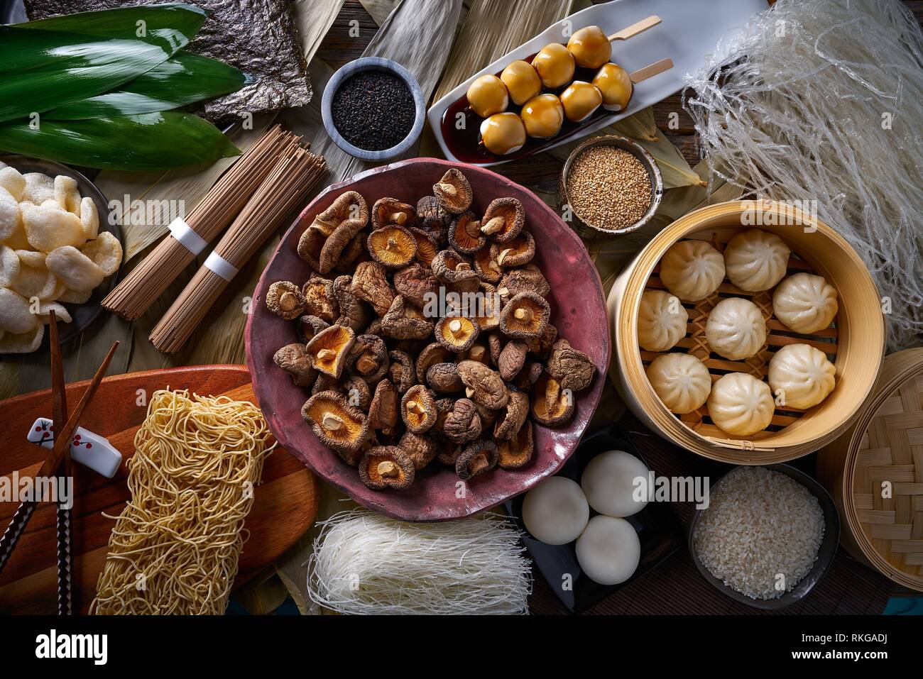 Shiitake rice dumplings steamed pork buns noodles Asian cuisine food