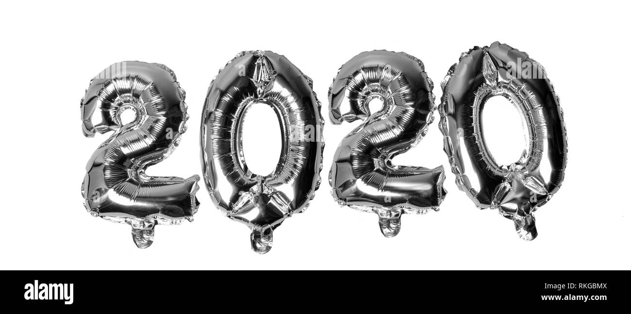 Silver colored 2020 Balloons New Year Concept. IIsolated on white Stock Photo