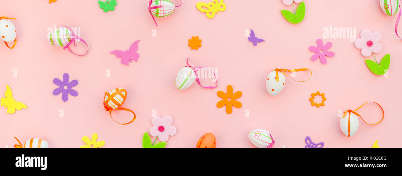Creative Top view flat lay holiday composition Easter eggs spring ...
