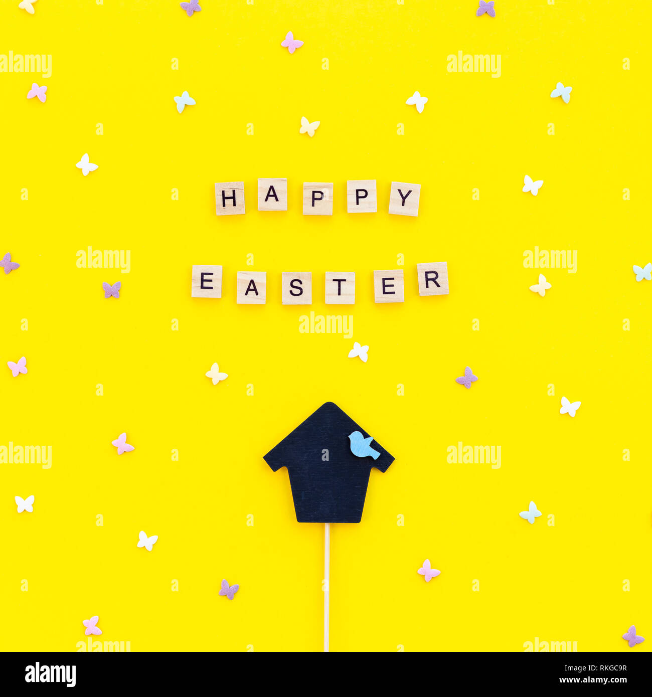 Creative Top view flat lay holiday composition Easter bunny ears eggs ...