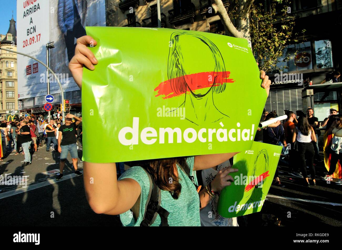 Political demonstration for the independence of Catalonia. Posters asking for democracy. October 2017. Barcelona, Catalonia, Spain Stock Photo