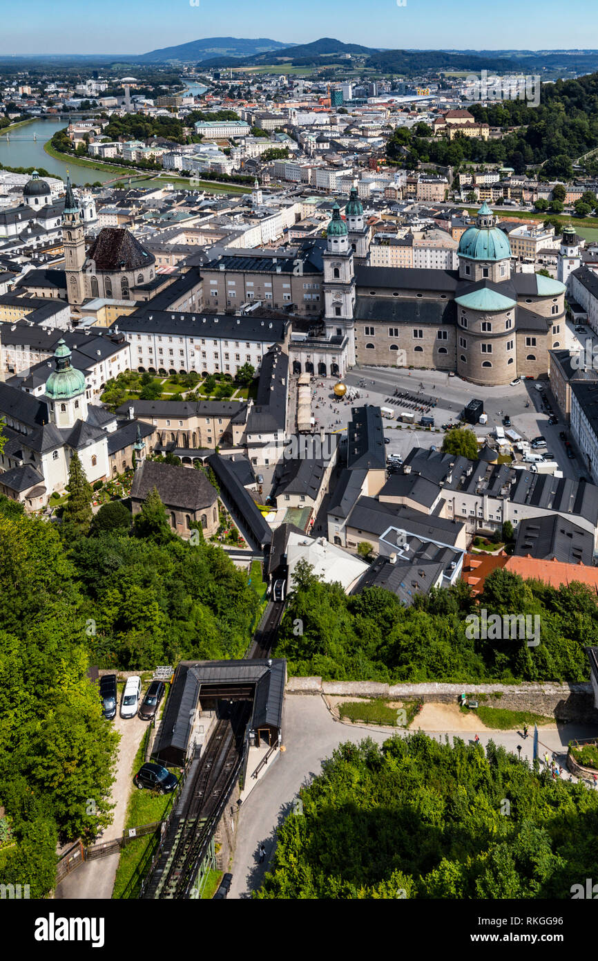 Skyline view of the Old Town with the New Town in the distance across the Salzach river, taken from Hohensalzburg Fortress (Castle), Salzburg, Austria Stock Photo