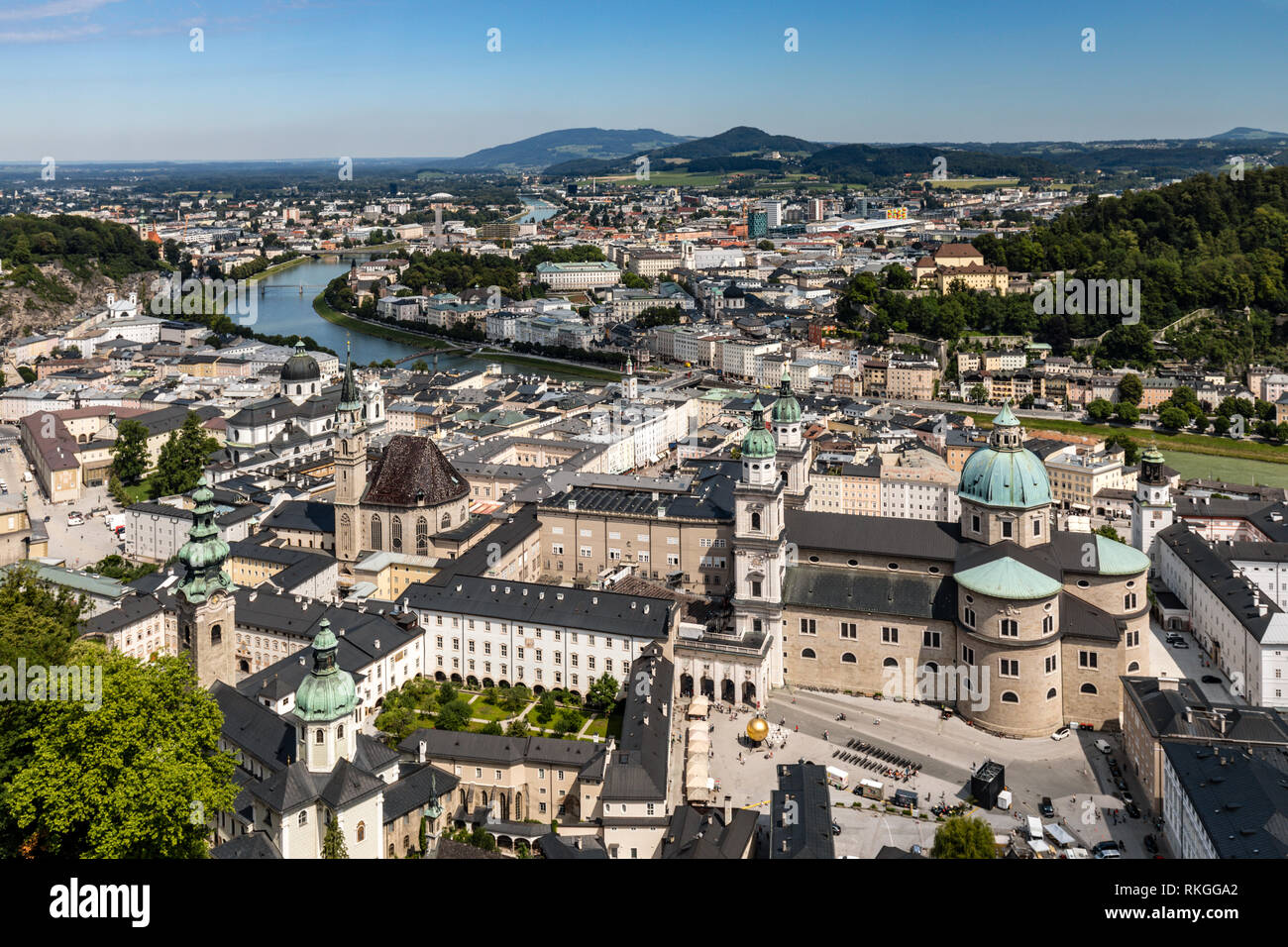 Skyline view of the Old Town with the New Town in the distance across the Salzach river, taken from Hohensalzburg Fortress (Castle), Salzburg, Austria Stock Photo