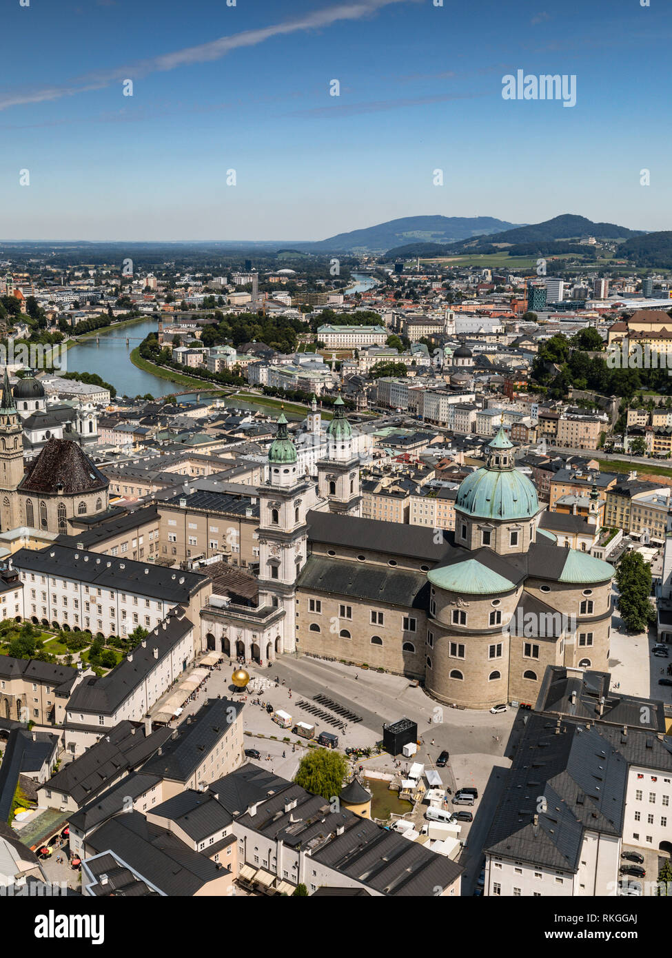 Skyline view of the Old Town with the New Town in the distance across the Salzach river, taken from Hohensalzburg Fortress (Castle), Salzburg, Austria Stock Photo