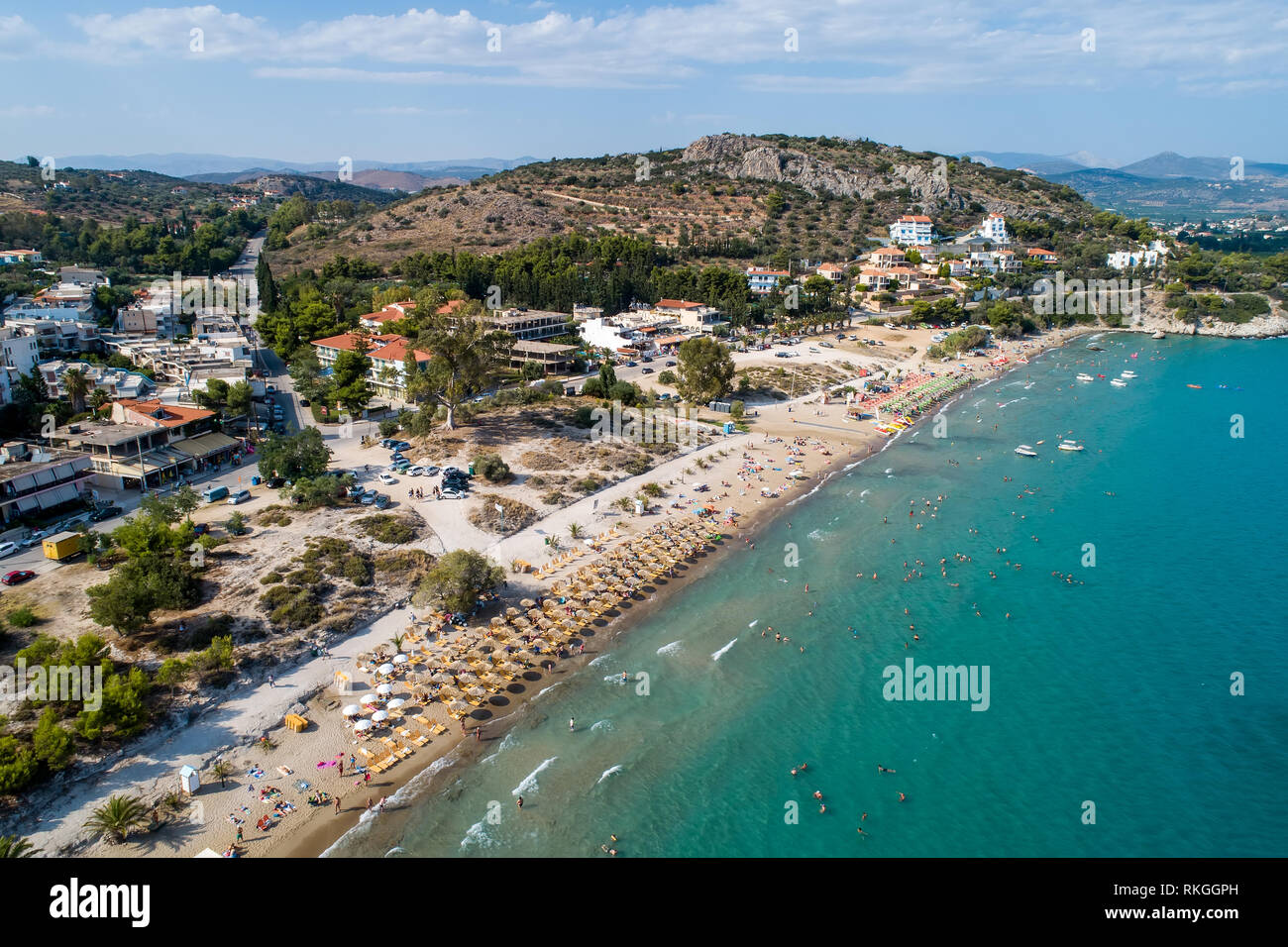 Top view of Tolo beach or 'Psili Ammos' is from the most popular tourist resorts of Argolida in Peloponnese, Greece Stock Photo