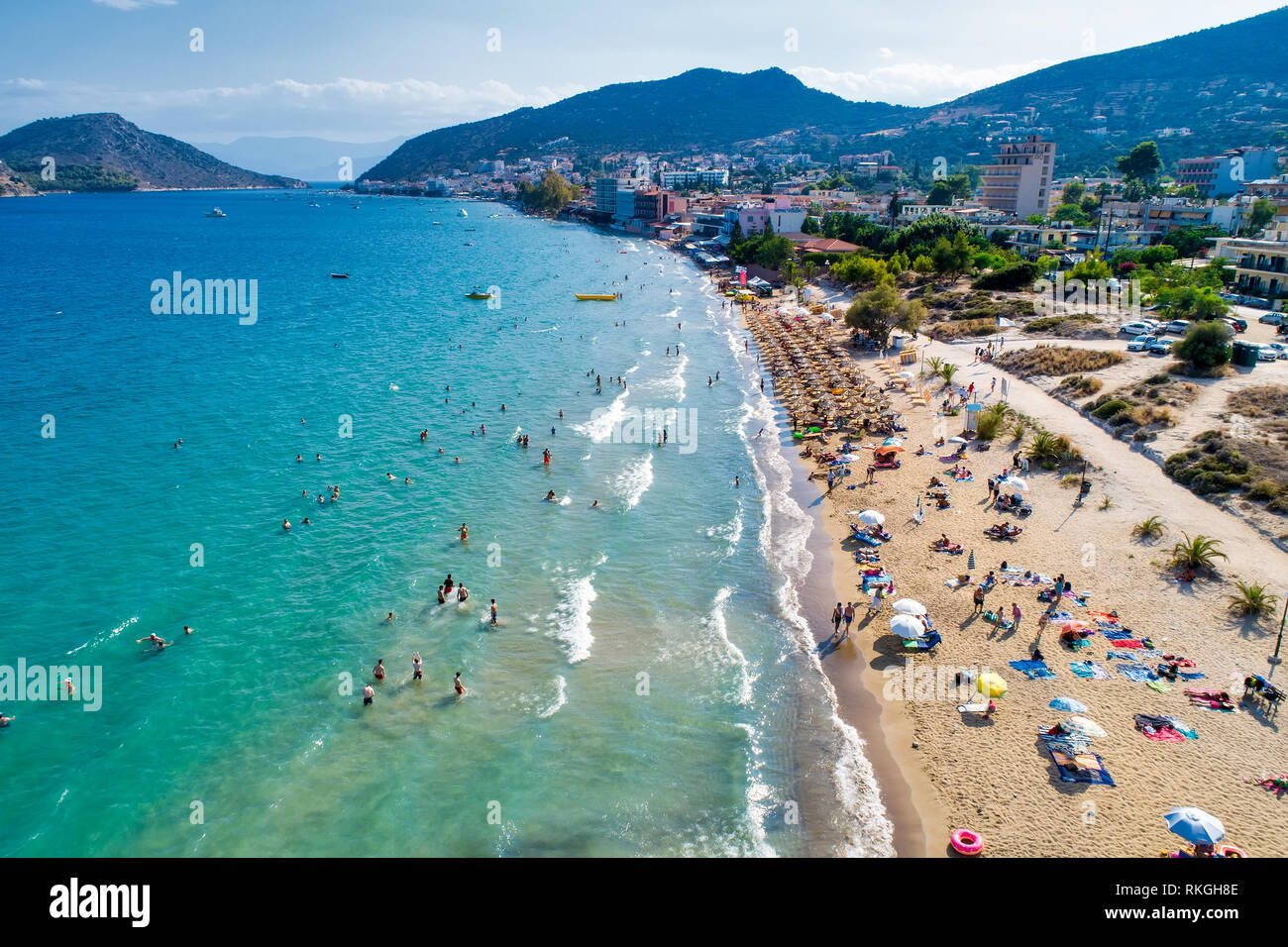 Top view of Tolo beach or 'Psili Ammos' is from the most popular tourist resorts of Argolida in Peloponnese, Greece Stock Photo