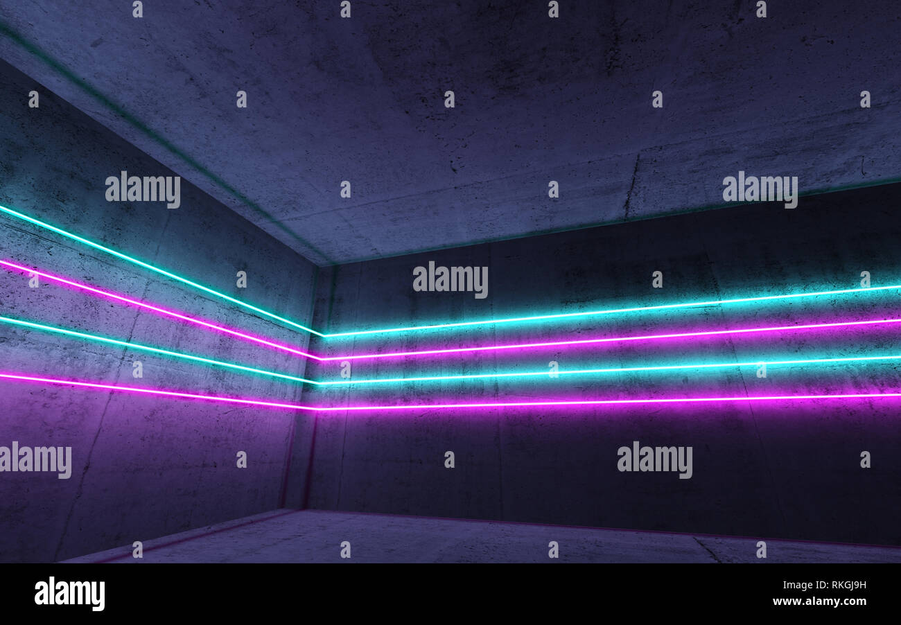 Corner Of An Abstract Dark Concrete Interior With Colorful Neon
