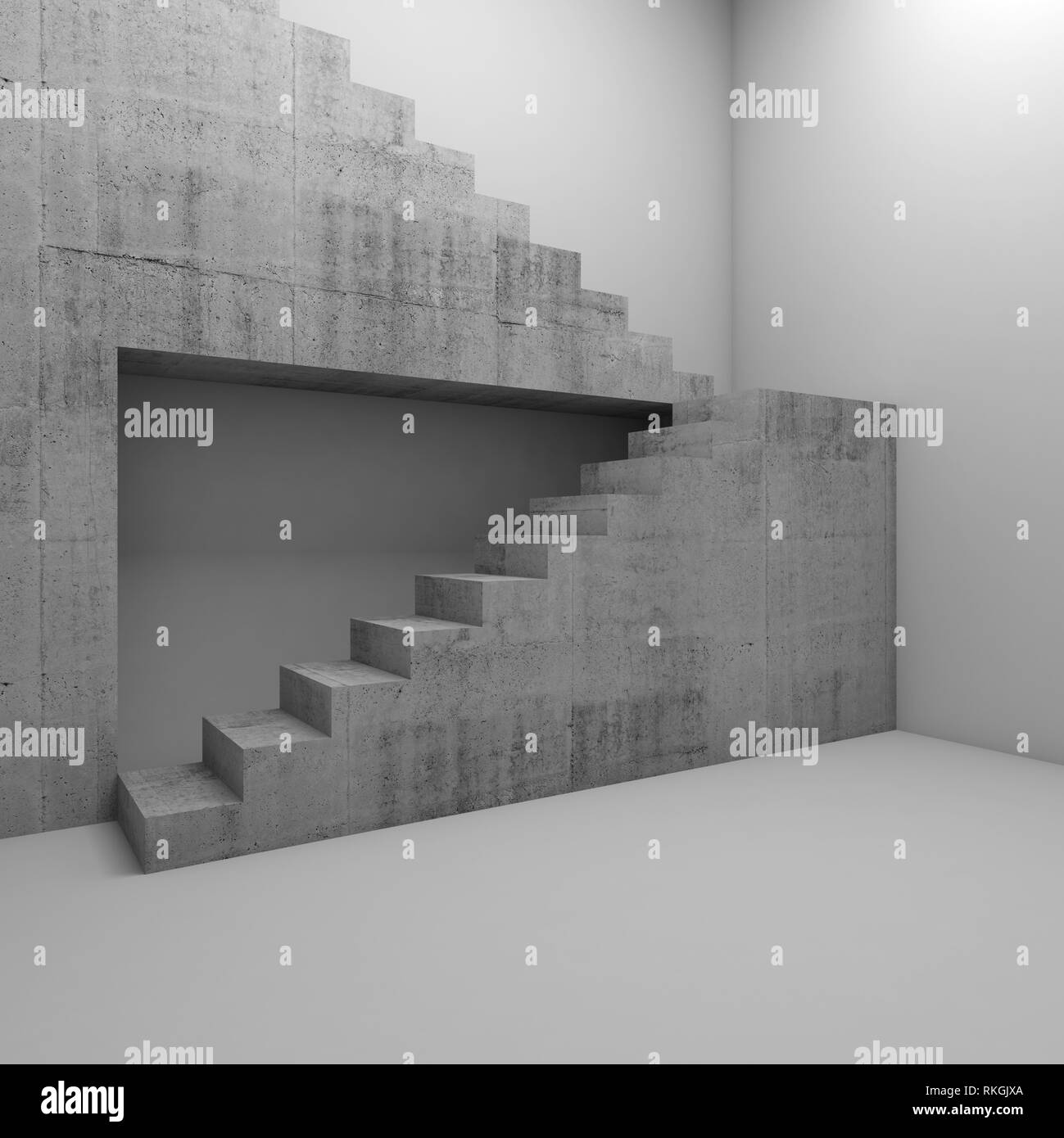 Concrete stairway installation in empty white room, abstract architectural background, 3d render illustration Stock Photo